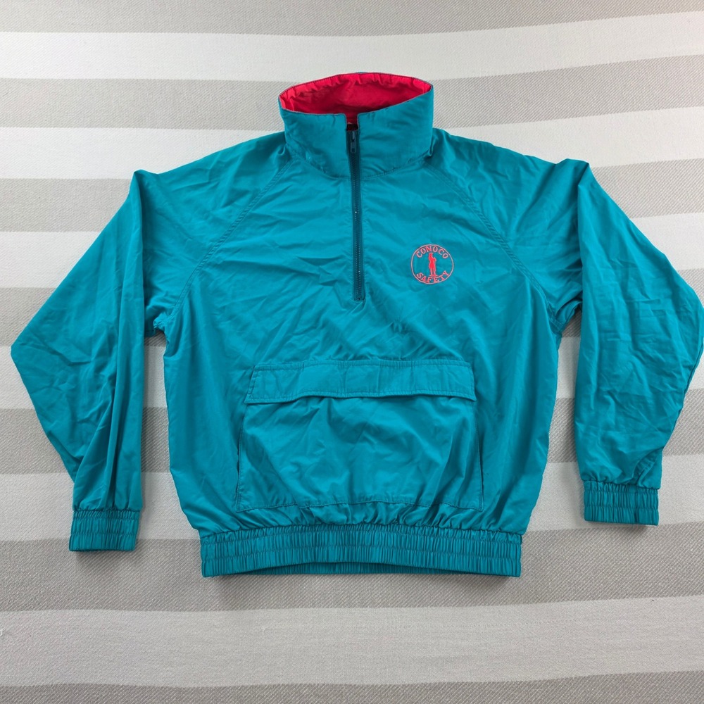 Pla-Jac Windbreaker Mens M Teal Vintage Excellent 80s Quarter Zip Conoco Jacket